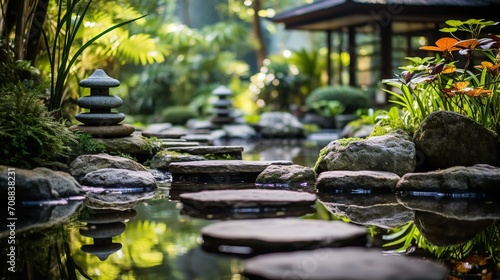 Fényképezés A nicely designed garden with a Zen stone walk that conveys peace and tranquillity, Generative AI