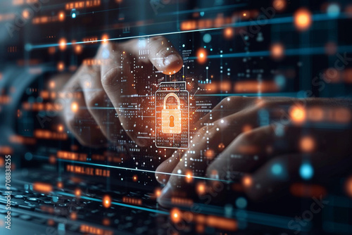 Businessman secures data on a virtual screen, verifying identity via digital padlock. This AI image embodies cyber resilience, safeguarding business data and privacy against potential cyber threats. photo