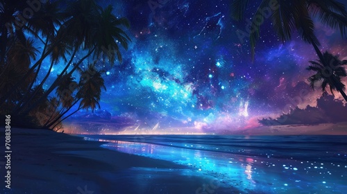 Enchanting Ocean Bliss: Starlit Sky, Coconut Palms, and Fiery Fireworks © Asayamrad