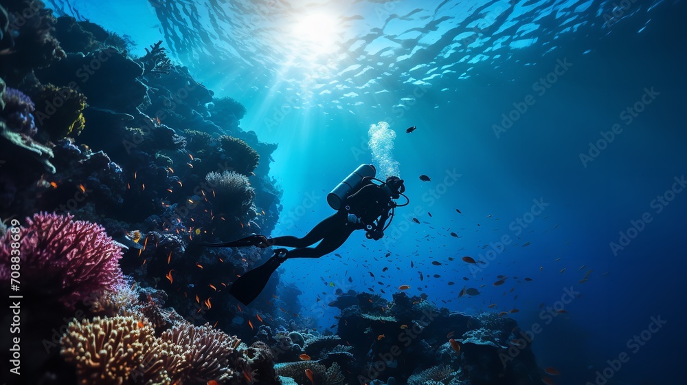 A scuba diver is submerged in a tropical ocean coral reef, Generative AI. - obrazy, fototapety, plakaty 