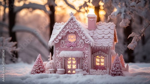 a pink and white gingerbread home surrounded by trees and a snowy trees with a sunset in a distance, Generative AI.