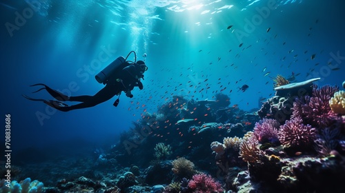 A scuba diver is submerged in a tropical ocean coral reef, Generative AI. photo
