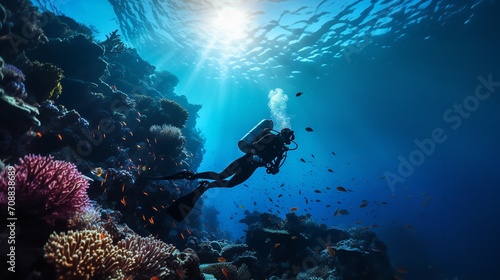 Photographie A scuba diver is submerged in a tropical ocean coral reef, Generative AI