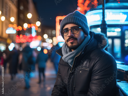 Bearded man with glasses wearing warm clothes sitting in the middle of the city