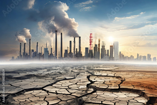 Earth in peril. Global Warming and pollution theme. Cracked land, factories, and cityscape. Promote CO2 Reduction, Climate Change Awareness, and Sustainable Development. Earth Day concept.