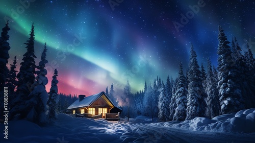 A snow-covered house with the northern lights visible above it, Generative AI. photo