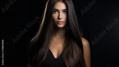 A stunning woman with long, straight, silky hair is isolated against a black backdrop, Generative AI. photo