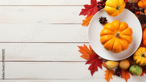Capturing the Essence of Thanksgiving  A Vertical Top-View Composition with Pumpkins  Pine Cones  and Raw Vegetables on a White Wooden Table