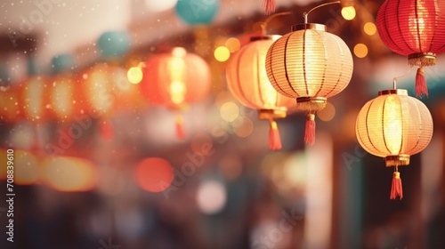 Chinese lunar new year celebration. China town defocused background, Mid Autumn festival with colorful lights 