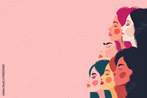 Women's day celebration banner, multiple women faces graphic illustration