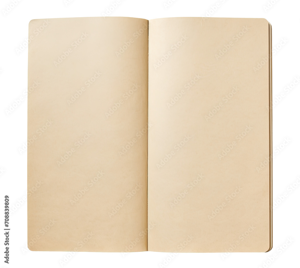 an opened slim journal book with cream-colored pages isolated on transparent background, top view an opened slim journal book with cream-colored pages isolated on transparent background, top view