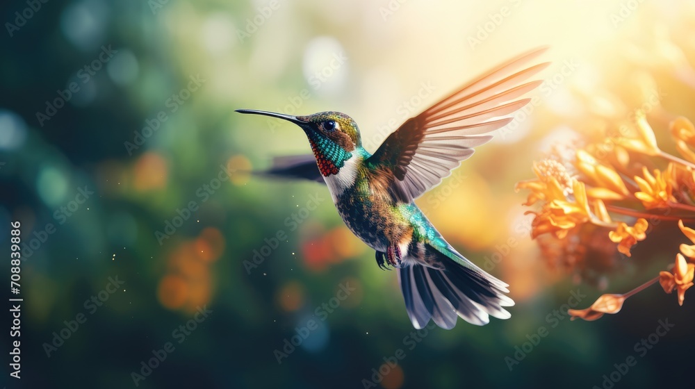 Flying hummingbird with green forest in background. Small colorful bird in flight.  