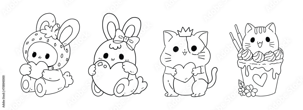 Obraz premium Coloring page outline cartoon cute rabbit, Bunny drawing abstract minimal, For coloring book, Vector illustration.