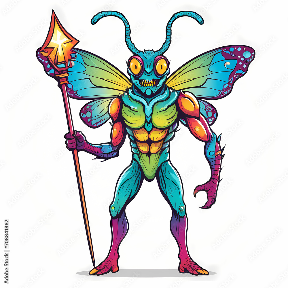 Full body insect monster holding magic wand perfect artwork for t shirt, tattoo, poster. Graphic design ready to print. Easy to edit and remove background.