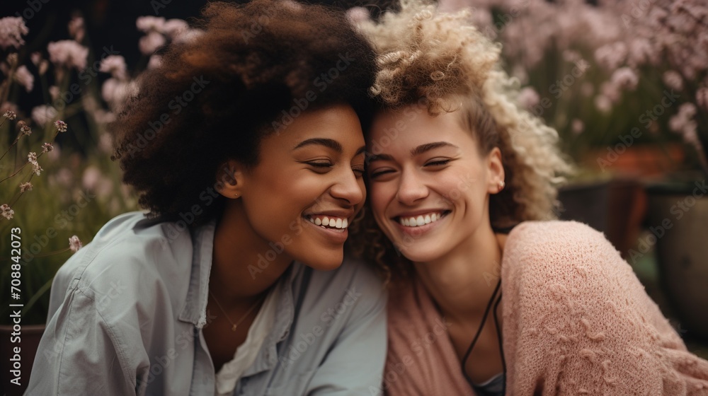 Naklejka premium Two young multiracial women smiling and laughing together in a garden