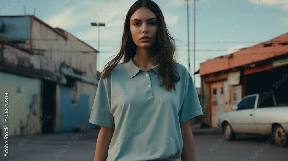 Portrait of a young woman in a blue polo shirt