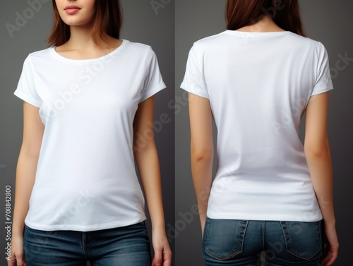 Female model showing white t-shirt front and back, faceless female model showing white unpatterned t-shirt, white t-shirt front and back, white t-shirt mockup，white t shirt on a mannequin