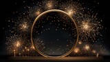 A black backdrop with copy space and an abstract circulate frame with golden confetti design, Generative AI.