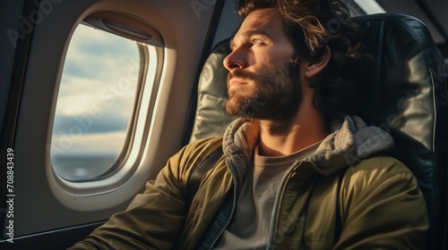 A young man in the passenger seat peers out the window of the airplane, Generative AI.