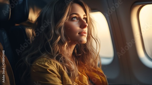 A young woman in the passenger seat peers out the window of the airplane, Generative AI. © Noobs