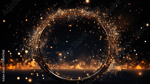 A black backdrop with copy space and an abstract circulate frame with golden confetti design, Generative AI.