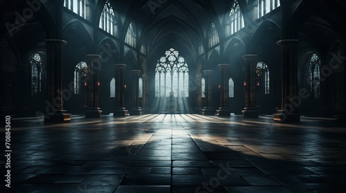 Abstract renaissance huge hall with smoke room and dark, gothic lighting, Generative AI. photo