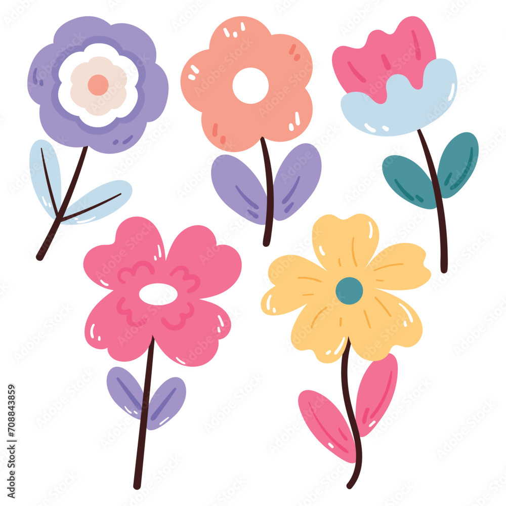 hand drawing cartoon cute flower and leaves. cute floral sticker. cute flower doodle set