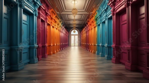 An extended, empty hallway with vibrant doors on either side, Generative AI. photo