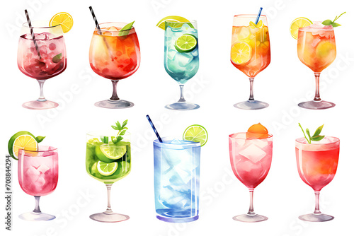 Set of Mojito tropical cocktails. Hand drawn watercolor summer refreshing alcoholic drink set.