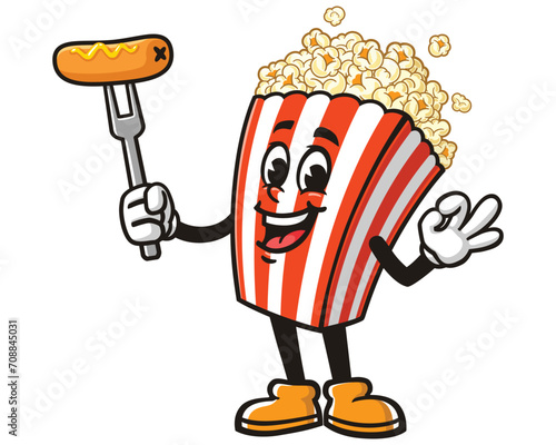 Popcorn with corn dog cartoon mascot illustration character vector clip art hand drawn photo