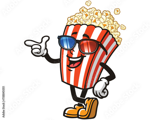 Popcorn with 3D cinema glasses cartoon mascot illustration character vector clip art hand drawn