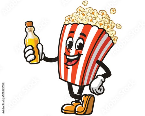 Popcorn with corn oil cartoon mascot illustration character vector clip art hand drawn