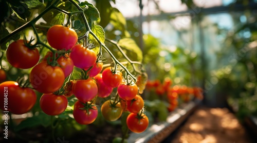 Inside the greenhouse are fresh tomatoes and tomato trees, Generative AI.
