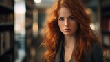 Posing against a blurry background in the university library is a young student with red hair, Generative AI.
