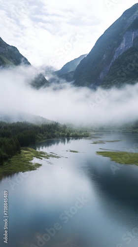 Misty mountains and lake landscape