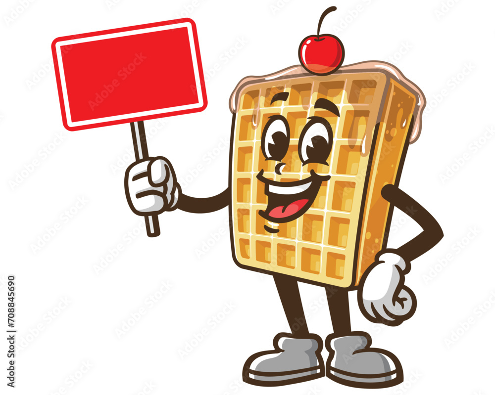 Waffle with blank sign board cartoon mascot illustration character vector clip art hand drawn Waffle with blank sign board cartoon mascot illustration character vector clip art hand drawn