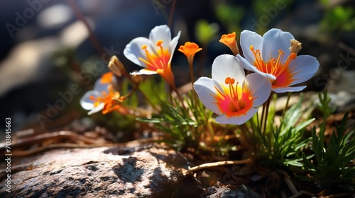 Tiny pink blooms emerging from the ground's rocks, Generative AI.