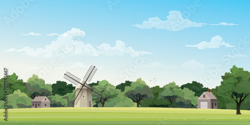 Old farm windmill in grass field have blue sky background have blank space. Countryside life concept vector illustration.