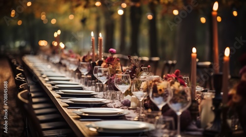 Using candles and flowers  an outdoor long dinner table is put up for autumn in the woods  Generative AI.