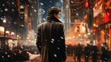 A men with with short straight brown hair in long coat standing in Christmas in New York. Generative AI