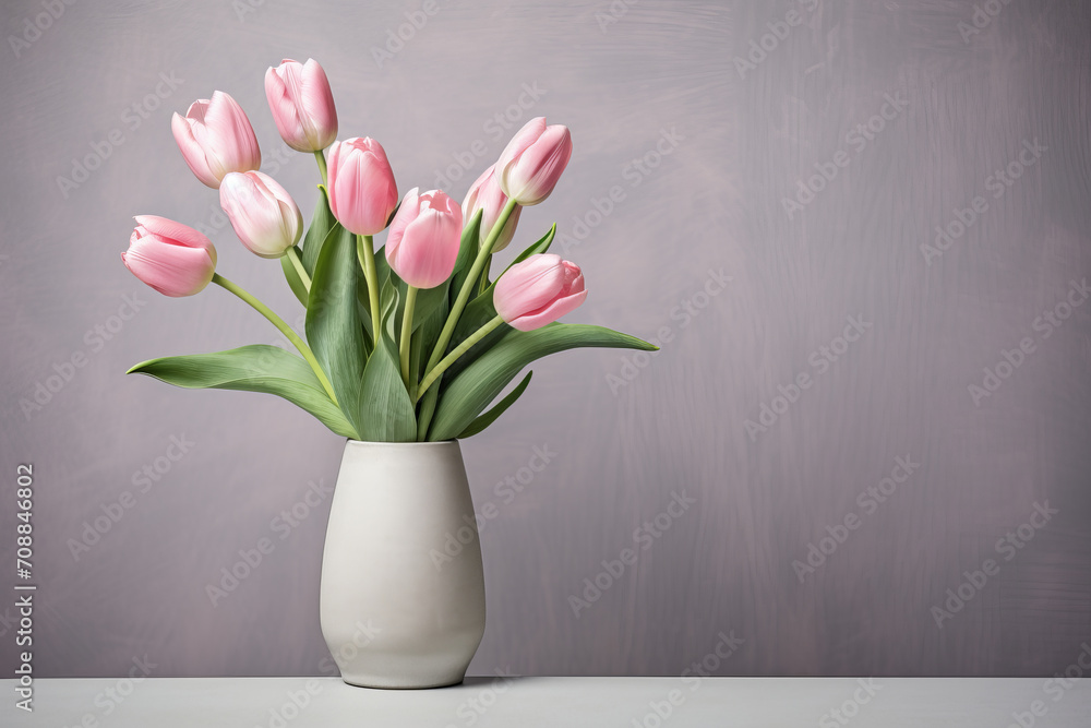 Table with glass vase and pink tulip bouquet in an elegant living space. AI Generative. Table with glass vase and pink tulip bouquet in an elegant living space. AI Generative.