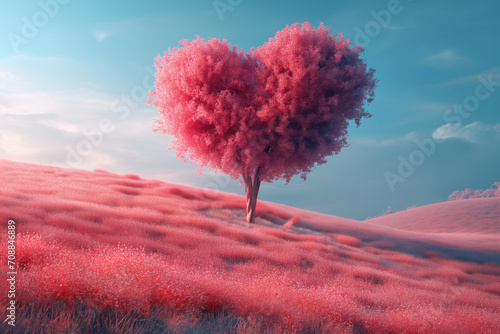 pastel tree in heart shape on the hill for valentine's day concept