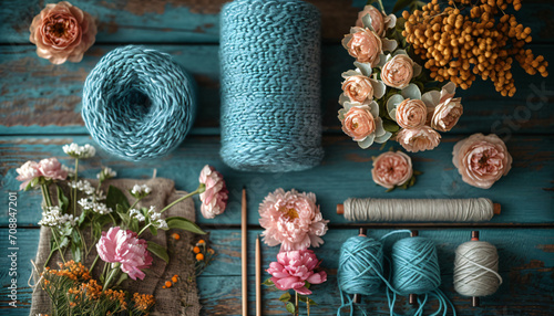 Yarn and knitting needles with flowers, materials for knitting kit. Hobby , DIY knitting concept  photo