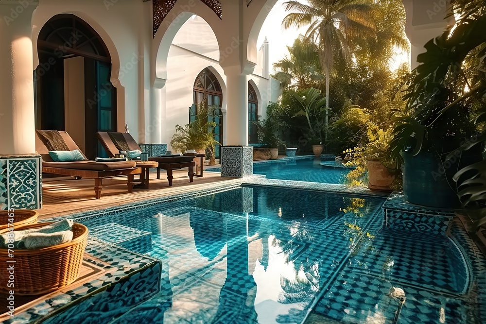 Exotic Oasis Moroccan Style Swimming Pool - A Captivating Blend of Elegance and Tranquility in an Enchanting Poolside Retreat. created with Generative AI