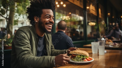 A young man is eating a sandwich at a restaurant