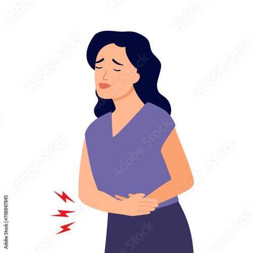 Painful female period pain concept. Woman standing and suffering menstrual abdominal pain. Stomachache.