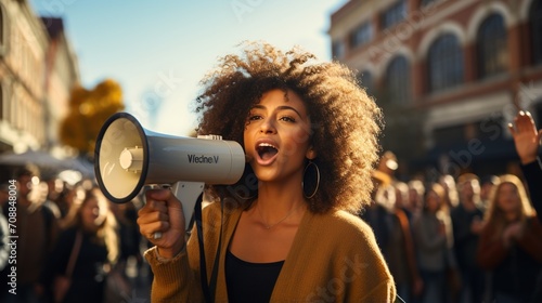 Young woman speaking through megaphone at a protest