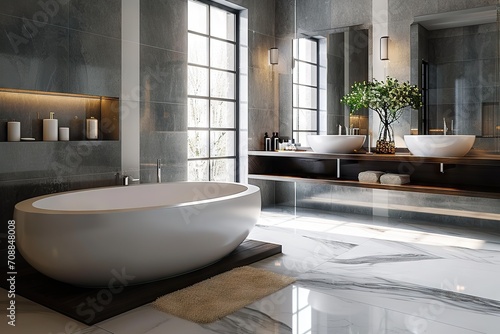 Timeless Elegance Stylish Marble Bathroom Featuring a Large Oval Bathtub  Twin Washbasins  and Copyspace for Text Enhancement. created with Generative AI