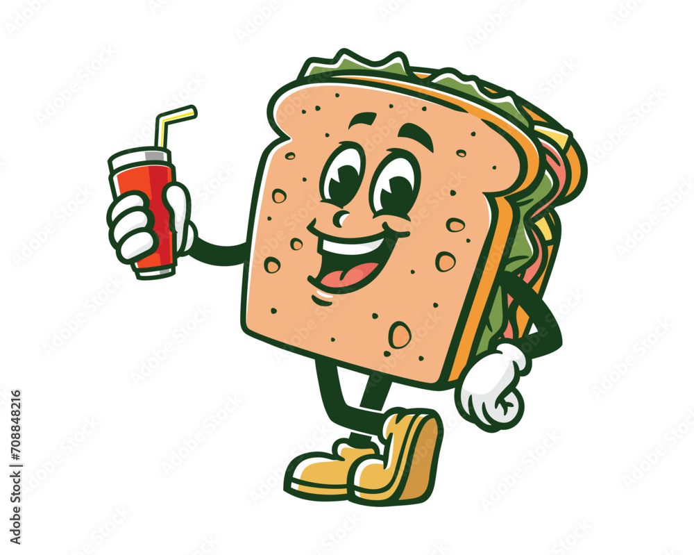 Obraz premium sandwich with soft drink cartoon mascot illustration character vector clip art hand drawn