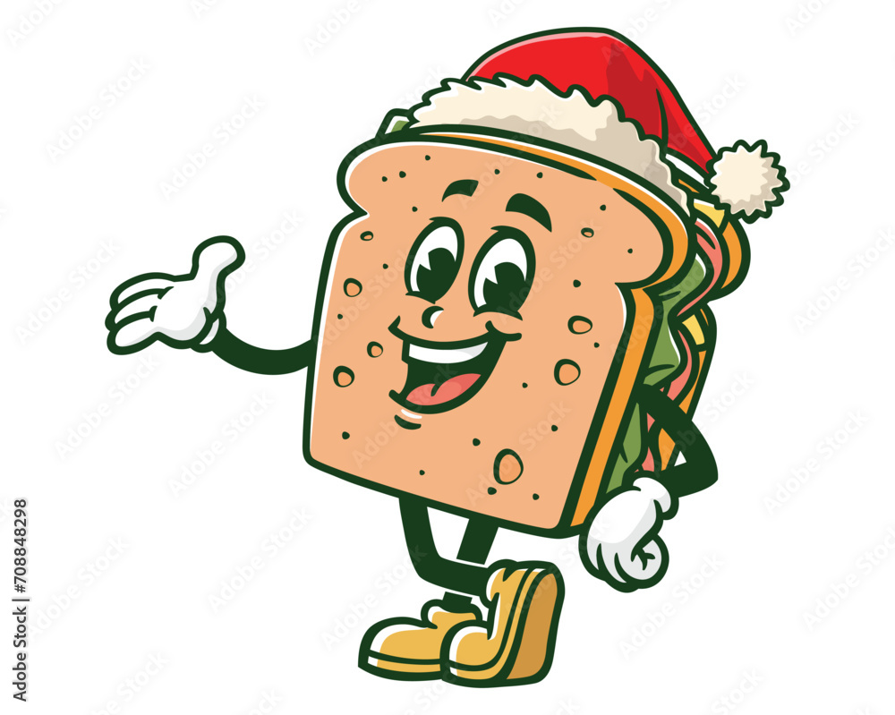 sandwich wearing a Christmas hat cartoon mascot illustration character vector clip art hand drawn